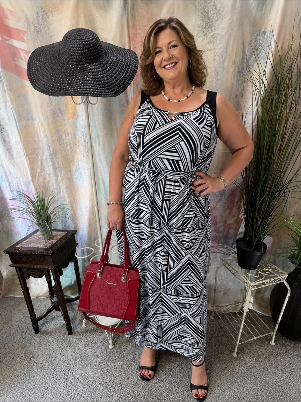 📌Catherines Plus Size 30/32W Stripped Maxi Dress, Wide Straps & Metallic Accent